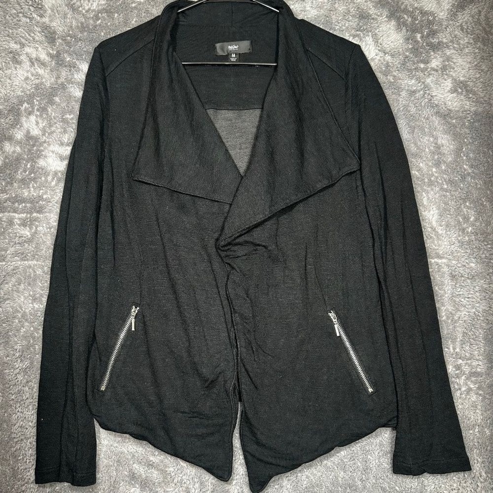 Mossimo Open Front Cardigan Womens Medium Black Draped Waterfall Zip Pockets‎